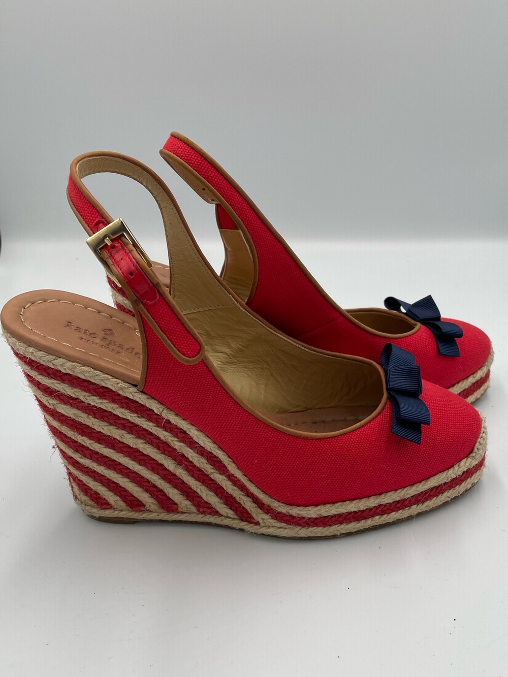 Women's Kate Spade Sweetie Red Striped Canvas Wedge Espadrille w/Navy Bow sz 9